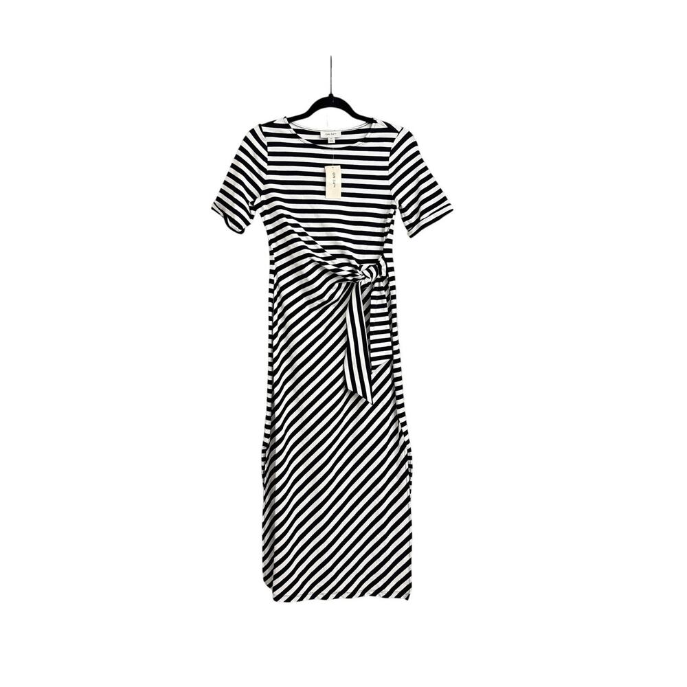 NWT On 34th Striped Tie-Waist Black White Stretch Fitted Midi Dress Size XS